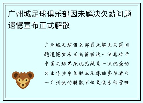 广州城足球俱乐部因未解决欠薪问题遗憾宣布正式解散 广州城足球俱乐部因未解决欠薪问题遗憾宣布正式解散