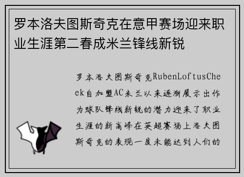 罗本洛夫图斯奇克在意甲赛场迎来职业生涯第二春成米兰锋线新锐